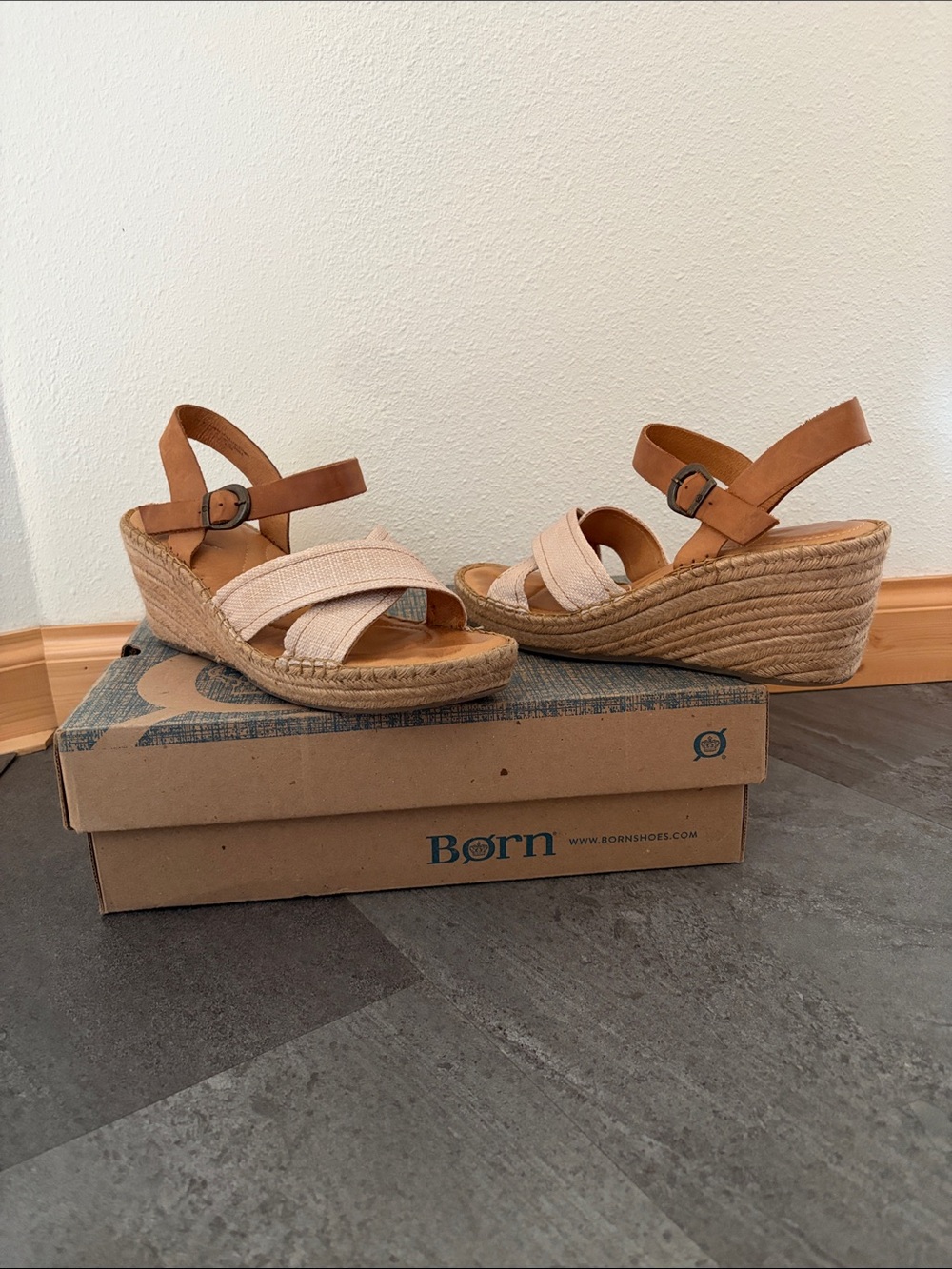 Born wedge Tan and Beige Espadrille Wedge Sandals